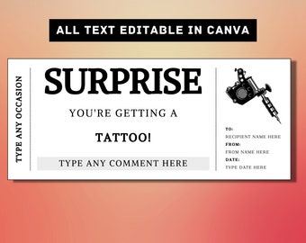Tattoo Surprise Gift Ticket Template - Get Inked Tattoo Gift Card Voucher Certificate Coupon - Printable Birthday Gift Idea