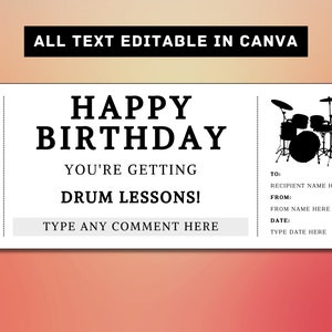 Drum Lessons Birthday Gift Ticket Template - Drum Lessons Gift Card Voucher Certificate Coupon - Printable Surprise Gift Idea, Learn to Play