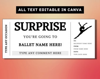 Ballet Surprise Gift Ticket Template - Performance Theatre Gift Card Voucher Certificate Coupon - Printable Birthday Gift Idea - Ballerina