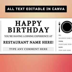 Diner verjaardagscadeau ticket sjabloon - restaurant, avondje uit, diner cadeaubon voucher certificaat coupon - afdrukbaar verrassingscadeau idee
