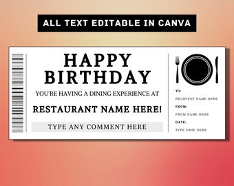 Abendessen Geburtstag Geschenk Ticket Vorlage - Restaurant, Night Out, Restaurant Geschenkkarte Gutschein Zertifikat Coupon - druckbare Überraschungsgeschenkidee