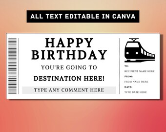 Plantilla de boleto de regalo de cumpleaños de tarjeta de embarque de tren - Cupón de certificado de vale de tarjeta de regalo de tarjeta de embarque de tren - Idea de regalo sorpresa imprimible