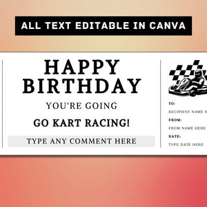 Go Kart Racing Birthday Gift Ticket Template - Racing Gift Card Voucher Certificate Coupon - Printable Surprise Gift Idea - Car Driving