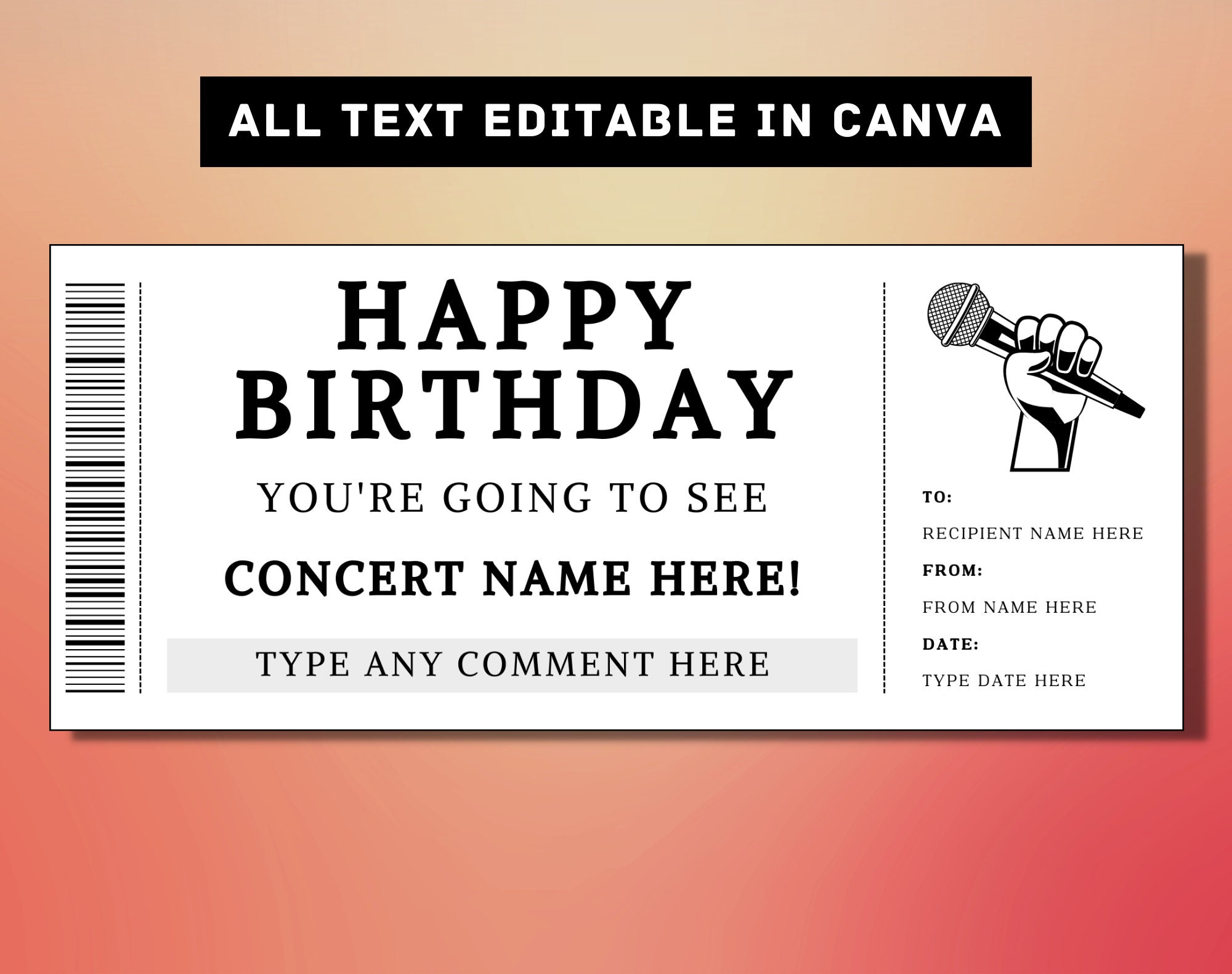 Concert Birthday Gift Ticket Template - Show, Event, Musical, Band Gift Card Voucher Certificate Coupon - Printable Surprise Gift Idea