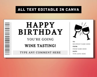 Modello di biglietto regalo di compleanno per degustazione di vini - Coupon certificato voucher voucher cantina - Idea regalo a sorpresa stampabile - Vigneto