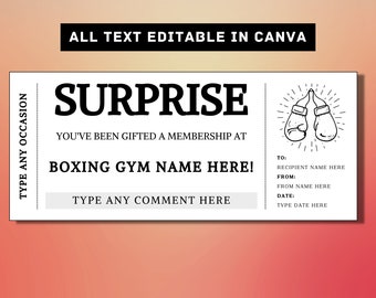 Boxing Membership Surprise Gift Ticket Template - Boxing Gym Pass Gift Card Voucher Certificate Coupon - Printable Surprise Gift Idea