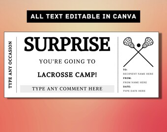 Lacrosse Camp Überraschung Geschenk Ticket Vorlage - Lacrosse Camp Geschenkkarte Gutschein Zertifikat Coupon - Trainingslager oder Fähigkeiten Klinik, druckbar