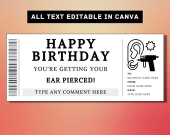 Ohr Piercing Geburtstag Geschenk Ticket Vorlage - Ohren durchbohrt Geschenk Karte Gutschein Zertifikat Coupon - druckbare Überraschung Geschenk Idee