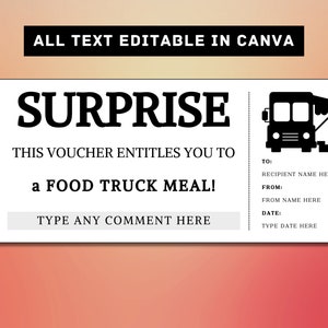 Food Truck Surprise Gift Ticket Template - Dining, Dinner, Night Out Gift Card Voucher Certificate Coupon - Printable Surprise Gift Idea