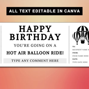 Modelo de bilhete de presente de aniversário para passeio de balão de ar quente - cupom de certificado de vale-presente para passeio de balão de ar quente, ideia de presente surpresa para impressão