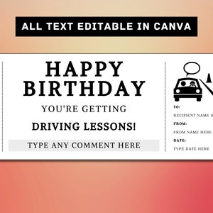 Driving Lessons Birthday Gift Ticket Template - Learn to Drive Gift Card Voucher Certificate Coupon - Printable Surprise Gift Idea