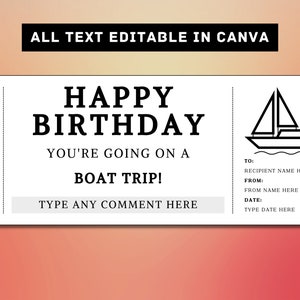Boat Trip Birthday Gift Ticket Template - Boat Cruise Gift Card Voucher Certificate Coupon - Printable Surprise Gift Idea