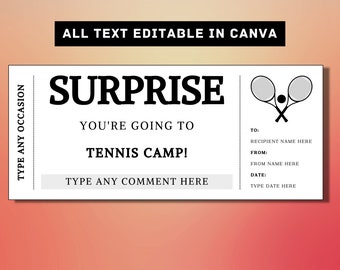 Tennis Camp Surprise Gift Ticket Template - Tennis Camp Gift Card Voucher Certificate Coupon, Training Camp Skills Clinic Lessons, Printable