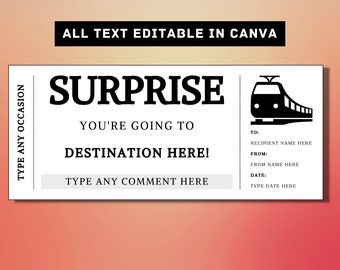 Plantilla de boleto de regalo sorpresa de tarjeta de embarque de tren - Cupón de certificado de vale de tarjeta de regalo de tarjeta de embarque de tren - Idea de regalo sorpresa imprimible