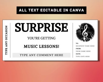 Musikunterricht Überraschung Geschenk Ticket Vorlage - Gesang Klavier Violine Geschenkkarte Gutschein Zertifikat Coupon - druckbare Geburtstagsgeschenkidee