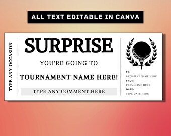 Golfturnier Überraschungsgeschenk Ticket Vorlage - Golf Geschenkkarte Gutschein Zertifikat Coupon - druckbare Überraschungsgeschenkidee - bearbeitbar DIY