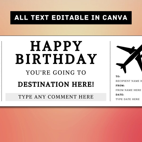 Plane Boarding Pass Birthday Gift Ticket Template - Airplane Flight Gift Card Voucher Certificate Coupon - Printable Surprise Gift Idea, DIY