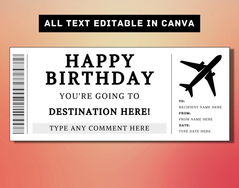 Plane Boarding Pass Birthday Gift Ticket Template Airplane Flight Gift Card Voucher Certificate Coupon Printable Surprise Gift Idea, DIY zdjęcie 1