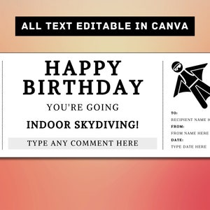 Indoor Skydiving Birthday Gift Ticket Template - Indoor Skydiving Gift Card Voucher Certificate Coupon - Printable Surprise Gift Idea