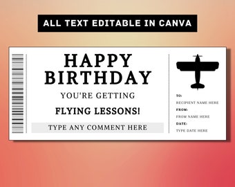 Flying Lessons Birthday Gift Ticket Template - Pilot Training Gift Card Voucher Certificate Coupon - Printable Surprise Gift Idea