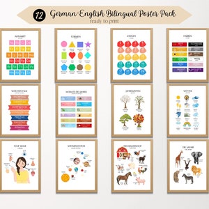 Bilingual Poster 12-pack Set (German with English) Educational Posters, German Classroom Posters, Homeschool Printables, Bilingual Prints