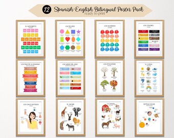 Conjunto de 12 paquetes de carteles bilingües (español con inglés) Carteles educativos, carteles de aula en español, imprimibles para educación en el hogar, impresiones bilingües