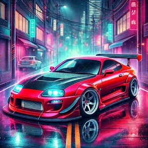 May include: A red sports car with a black hood and a large rear wing. The car is parked on a wet street with neon lights in the background.