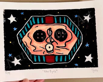 Coraline Inspired | "New Eyes" | Hand Colored Linocut | OrbeckOriginals