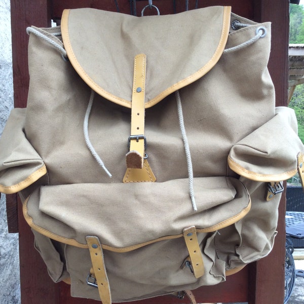 Lafuma French vintage 1960s canvas leather rucksack backpack steel support, internal cord closure, felt lined back straps, waterproof base