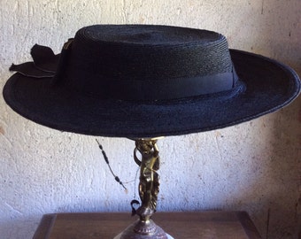 vintage French black straw hat straw boater hat canotier shape with black ribbon trim