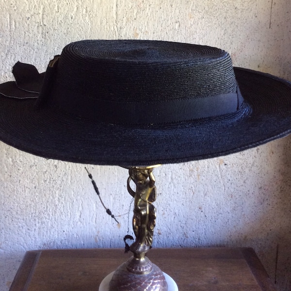 vintage French black straw hat straw boater hat canotier shape with black ribbon trim