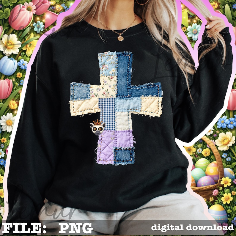 K&ouml;nnte beinhalten: Schwarzes Sweatshirt mit einem Patchwork-Kreuz-Design. Das Kreuz besteht aus verschiedenen Stoffen, darunter Jeansstoff und Blumendrucke, mit einer kleinen Lemuren-Grafik. Die W&ouml;rter "FILE: PNG" und "digital download" stehen unten.
