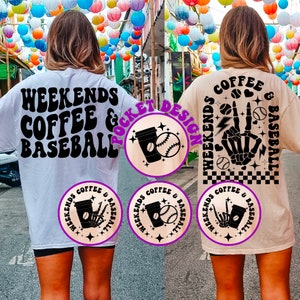 May include: Two white t-shirts with a black graphic design. The front of the shirt says "Weekends Coffee & Baseball" in a retro font. The back of the shirt says "Weekends Coffee & Baseball" with a skeleton hand holding a coffee cup and baseball.