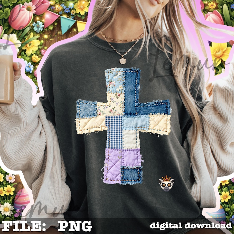 K&ouml;nnte beinhalten: Dunkelgraues Sweatshirt mit einem Patchwork-Kreuz-Design aus Jeansstoff und floralen Stoffen. Das Kreuz besteht aus verschiedenen blauen, lila und cremefarbenen Flicken. Die W&ouml;rter "digital download" und "FILE: PNG" stehen unten.