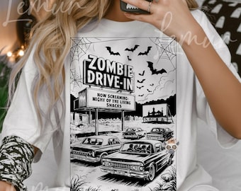 Halloween Zombie SVG PNG File, Retro Drive-In Scene with Cars and Bats, Scary Movie Clipart for Halloween Crafts, Horror Shirt Design