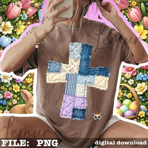 K&ouml;nnte beinhalten: Braunes T-Shirt mit einem Patchwork-Kreuz-Design aus Jeansstoff, Blumenmustern und Vichy-Karo. Das Shirt hat eine lockere Passform. Eine kleine Grafik eines Tieres mit Krone befindet sich unten rechts. Das Bild ist ein digitaler Download.