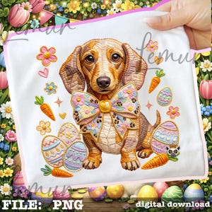 May include: Embroidered image of a dachshund dog wearing a floral bow tie, surrounded by Easter eggs and carrots. The design is on a white background with a floral border. The image is labeled "FILE: PNG" and "digital download".