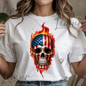 アメリカ国旗の頭蓋骨PNG、燃え盛る愛国的な頭蓋骨昇華デザイン、Tシャツ用のアメリカの頭蓋骨クリップアート、独立記念日、グランジの火の頭蓋骨アート