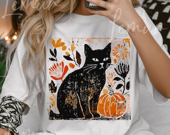 Black Cat Pumpkin PNG, Halloween Autumn Cat, Rustic Fall Cat and Flowers Sublimation, Spooky Pumpkin Cat Png, Fall Cat Png, Halloween Season