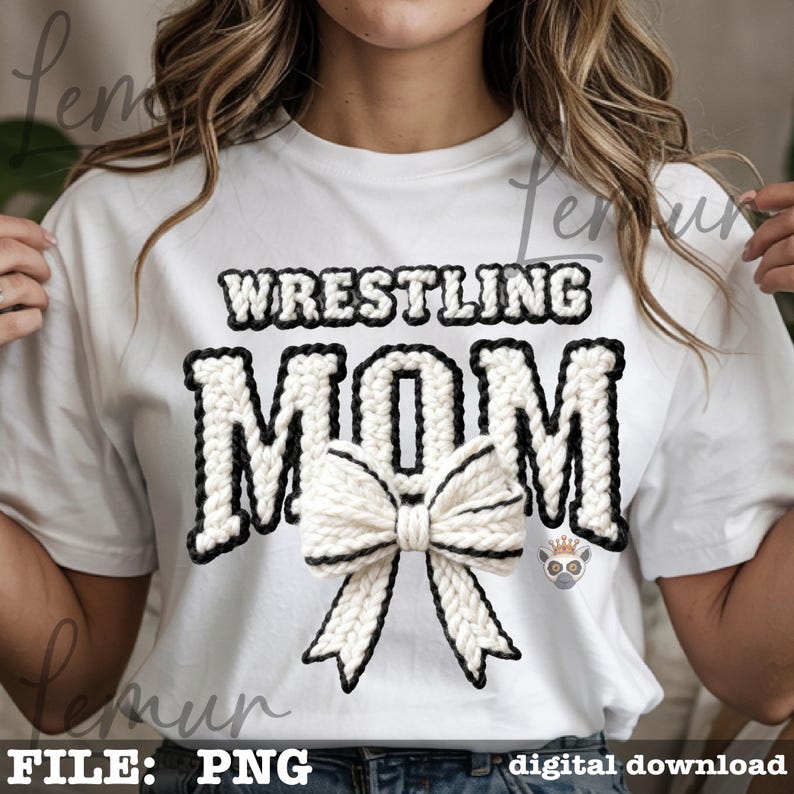 May include: White t-shirt with the text "WRESTLING MOM" in a black and white knitted design. A large knitted bow with black trim is centered below the text. The shirt is a digital download.