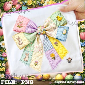 May include: A colorful, patchwork bow design with Easter-themed illustrations. The bow features a variety of pastel colors and patterns, including bunnies, chicks, flowers, and Easter eggs. The words "FILE: PNG" and "digital download" are at the bottom.