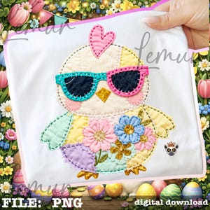 May include: A white t-shirt featuring a colorful, patchwork-style chick wearing sunglasses. The chick has a pink heart-shaped crest and is adorned with floral details in shades of pink, blue, yellow, and purple. The text "FILE: PNG" and "digital download" are at the bottom.