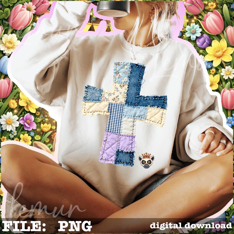 K&ouml;nnte beinhalten: Wei&szlig;es Sweatshirt mit einem Patchwork-Kreuz-Design aus Jeans, Blumenmustern und anderen Stoffen. Eine kleine Lemuren-Grafik befindet sich unten rechts. Der Text "FILE: PNG" und "digital download" stehen unten. Digitaler Download.