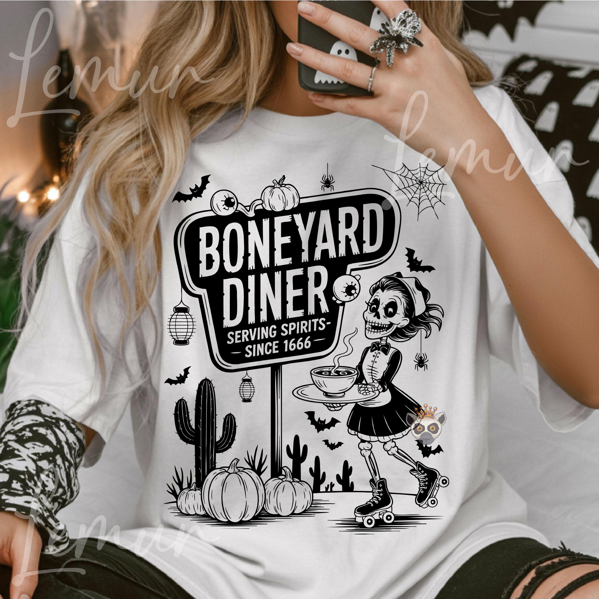 Boneyard Diner SVG PNG, Spooky Restauran Svg, Skeleton Diner Svg, Spooky Halloween Svg, Funny Ghost Food Pumpkin Bat, Trendy Halloween Svg