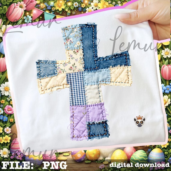 Easter Cross PNG Patchwork Design, Christian Easter Quilt Cross, High Resolution PNG for Sublimation Shirts Faith Based Digital Download