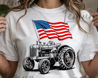 Tractor patriótico PNG, Tractor vintage PNG, Tractor patriótico del 4 de julio con bandera estadounidense, 4 de julio estadounidense PNG, Vida campestre PNG