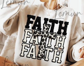 Christian Faith PNG Design, Faux Crochet Yarn Texture FAITH Text with Cozy Leopard Cross Png, Crochet Pray, Faux Crochet Christian Graphic