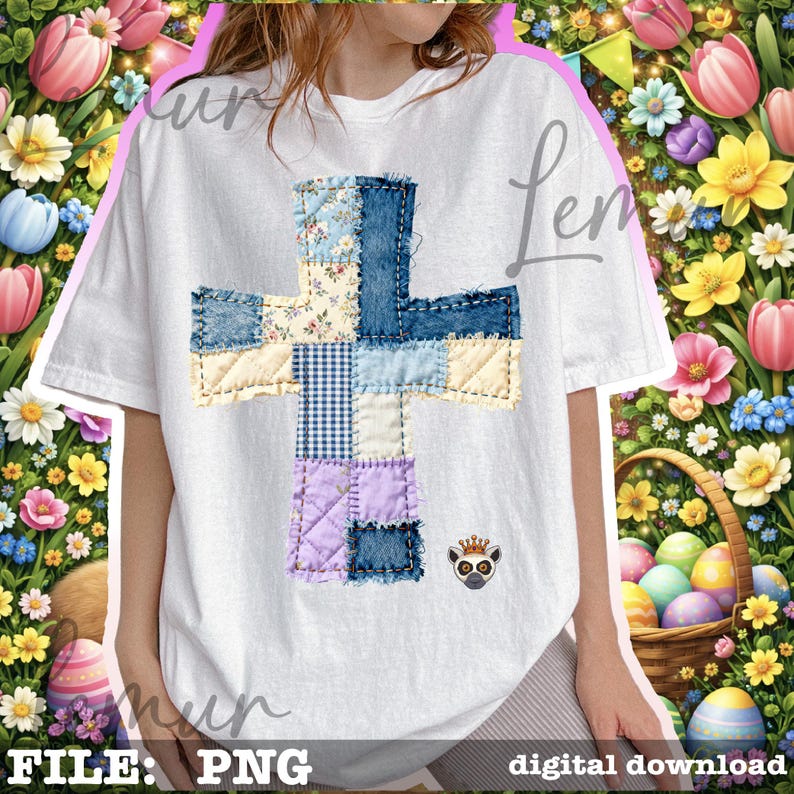 K&ouml;nnte beinhalten: Wei&szlig;es T-Shirt mit einem Patchwork-Kreuz-Design aus Denim-, Blumen- und Vichystoffen. Eine kleine Lemuren-Grafik befindet sich unten rechts. Die W&ouml;rter "FILE: PNG" und "digital download" stehen unten.