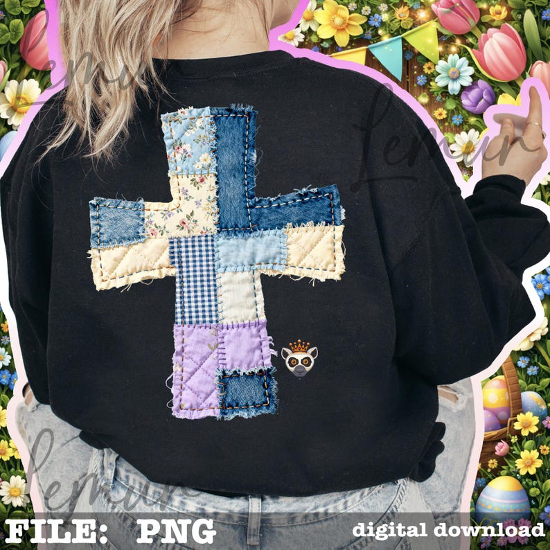 K&ouml;nnte beinhalten: Schwarzes Sweatshirt mit einem Patchwork-Kreuz-Design auf dem R&uuml;cken. Das Kreuz besteht aus verschiedenen Stoffmustern, darunter Blumen-, Jeans- und Vichy-Muster. Ein kleiner, gestickter Lemur mit Krone befindet sich unten rechts. Die Worte "FILE: PNG" und "digital download" sind unten.