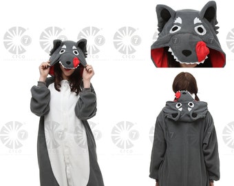 Handmade Grey Wolf Kigurumi for Adults - Adults cosplay - Wolf  cosplay - Romper -Animal Pajamas Adult Costume  outfit  - Cosplay gifts